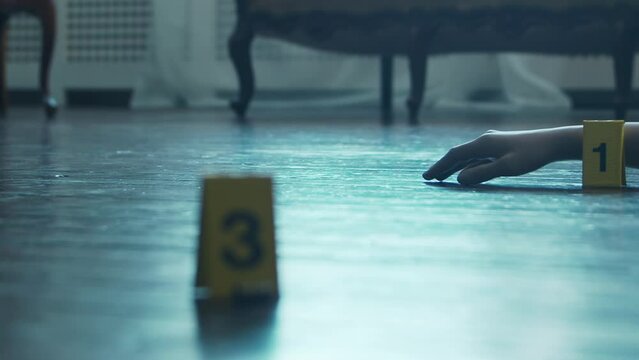 Closeup of a Crime Scene in a Deceased Person's Home. Dead man, Police Line, Clues and Evidence. Serial Killer and Detective Investigation Concept.