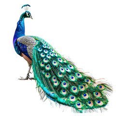 Obraz premium A stunning peacock displaying its vibrant and colorful feathers in full splendor isolated on transparency PNG background, .