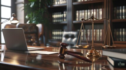 Obraz premium lawyer's office with legal hammer and legal scales and laptop with rows of law books in the background