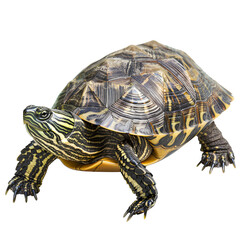 Fototapeta premium Close-up image of a colorful turtle isolated on transparency PNG background, showcasing its detailed shell and patterns.