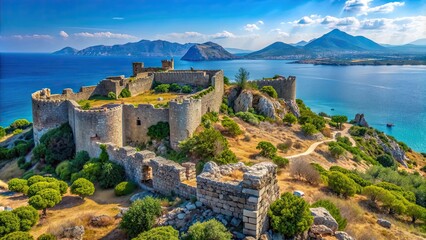 Naklejka premium Castle ruins of Antimachia Castle on Kos Island overlooking the South Aegean Sea in Greece, castle, ruins
