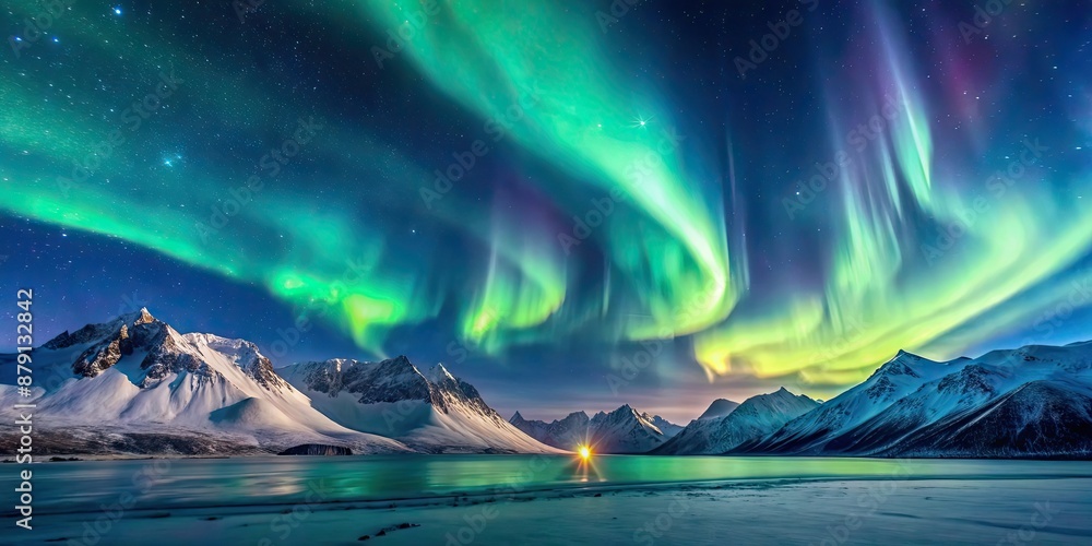 Sticker Aurora borealis dancing in the night sky over snow-capped mountains, northern lights, aurora, borealis, mountains