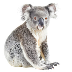 Naklejka premium Close-up of a cute koala sitting with isolated on transparency PNG background, showcasing its soft fur and fluffy ears, perfect for wildlife photo collections.