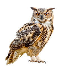 Obraz premium Close-up of a majestic owl with striking orange eyes and intricate feather patterns isolated on transparency PNG background, standing gracefully against .