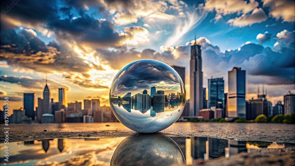 Canvas Prints Cityscape photography captured in a clear glass crystal ball with dramatic clouds sky, city, urban, skyline