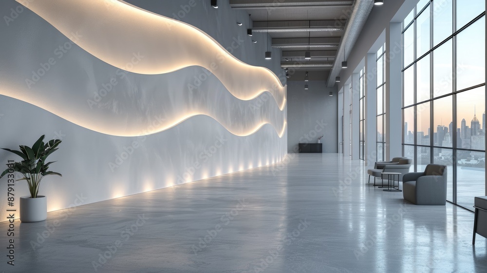Poster background image of modern lobby with wave-like wall design and large windows. white corridor with s