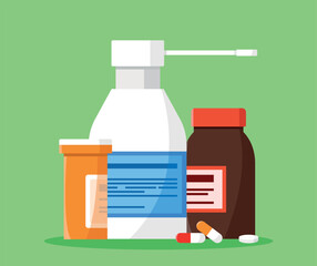 Set of medications. Pills and bottles with medicines. Vector illustration.