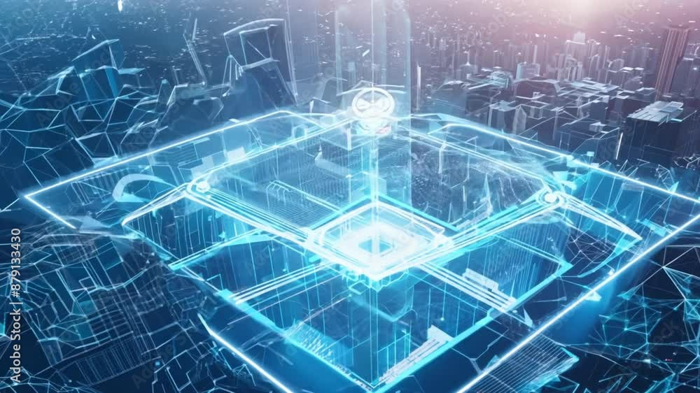 Poster Smart city and connectivity abstract polygon pattern with lights, speed lines, big data connectivity technology concept.