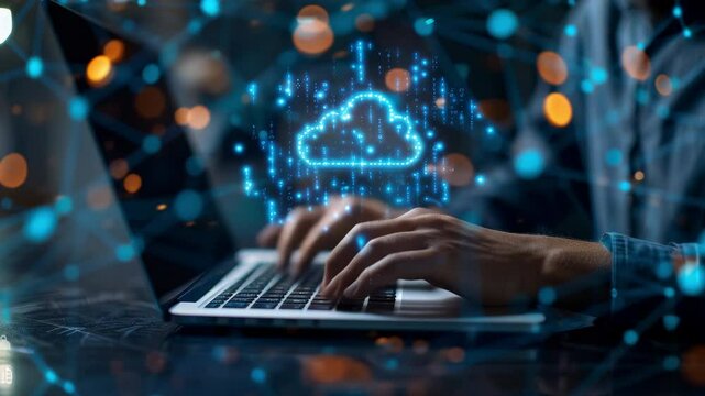 Close-up of hands typing on a laptop keyboard with a digital cloud icon, representing cloud computing and technology innovation.