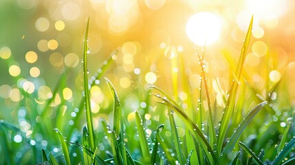 Sun rays sparkling on dewy morning grass