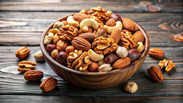 A bowl filled with an assortment of walnuts, cashews, and almonds, mixed nuts, variety, healthy snack, bowl, nut selection
