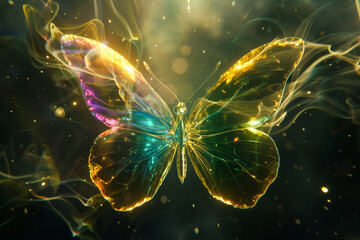 Obraz premium Beautiful glowing butterfly is flying on black background