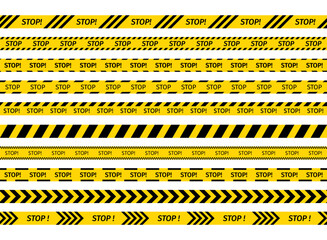 Set of caution crime scene bands. Yellow black tape with Stop text. Warning barrier ribbons for danger places. Seamless striped boundary lines. Do not cross police road sign. Vector illustration.