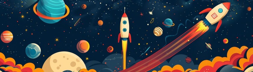 Naklejka premium space exploration flat design top view futuristic cartoon drawing vivid