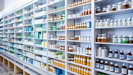 Close-up of a well-organized pharmacy shelf with fictional medication labels, pharmacy, shelf, organized, medication