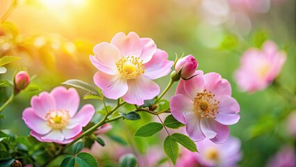 Fototapeta premium Close-up image of delicate pink wild rose flowers on a background, pink, wild roses, delicate, close-up, flowers, pink flowers