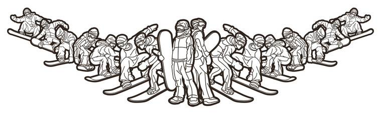 Group of Snowboarder Mix Action Snowboard Sport Player Cartoon Graphic Vector