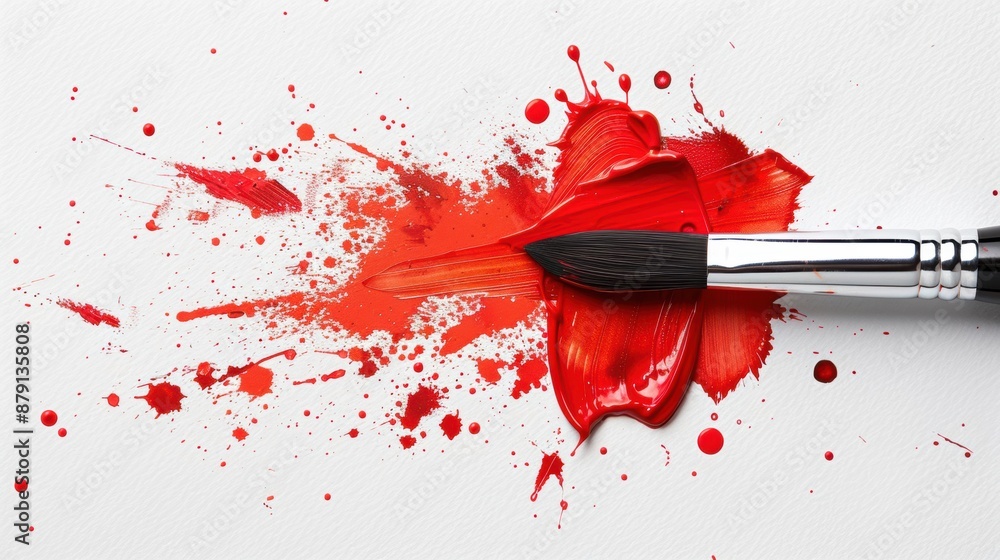 Poster a close-up of a paintbrush creating red brushstrokes and splatters on a white canvas, highlighting c