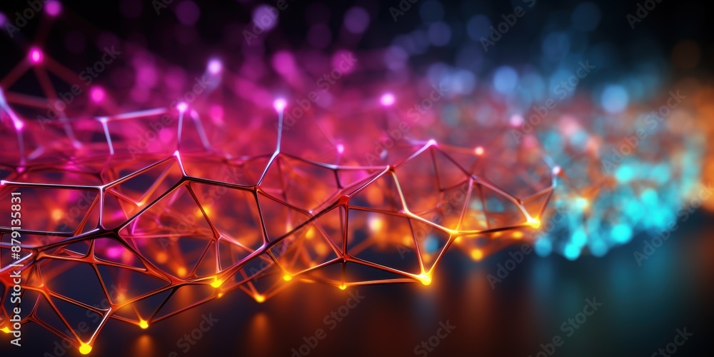 Poster vibrant abstract representation of a network with interconnected nodes, glowing in various colors, s