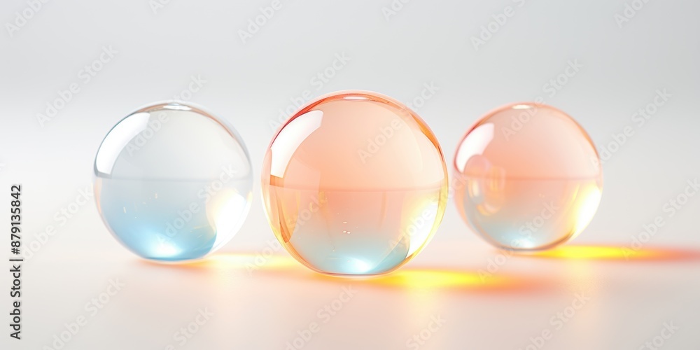Poster Three translucent spheres with soft color gradients, creating a minimalist and elegant visual effect on a clean background.