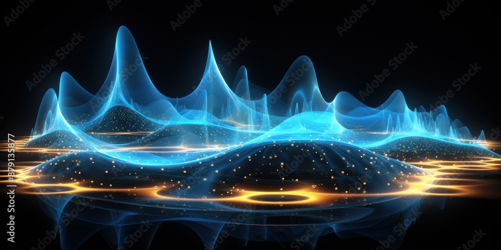 Poster abstract digital waveform with blue and orange glow, depicting data flow and technological advanceme