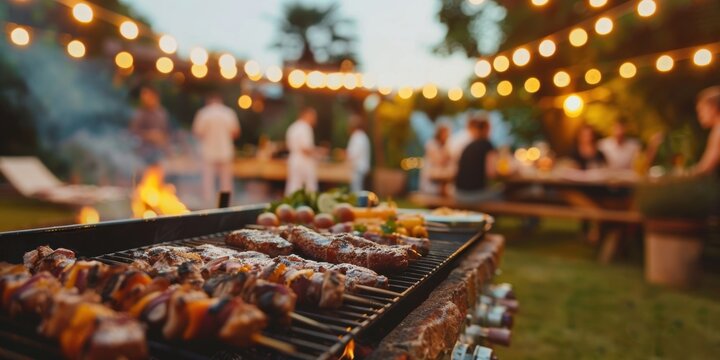Evening outdoor barbecue party with friends, featuring grilled food and festive lights, creating a warm and enjoyable atmosphere.