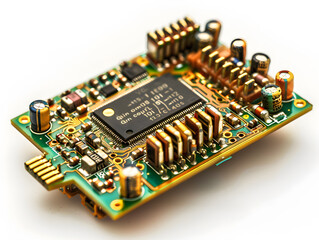 A close-up of a complex electronic circuit board, likely a computer motherboard