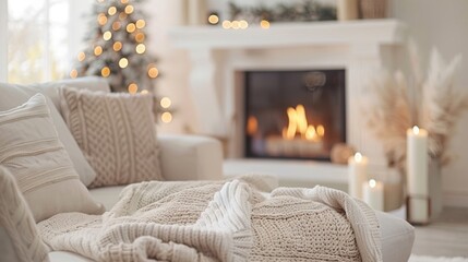 Warm and inviting living room decorated for Christmas with a fireplace, knit blankets, and a Christmas tree.