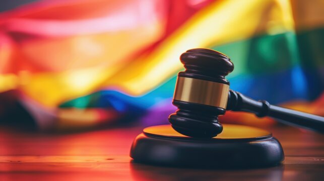 A gavel set against a vibrant pride flag background, symbolizing justice and LGBTQ+ rights.