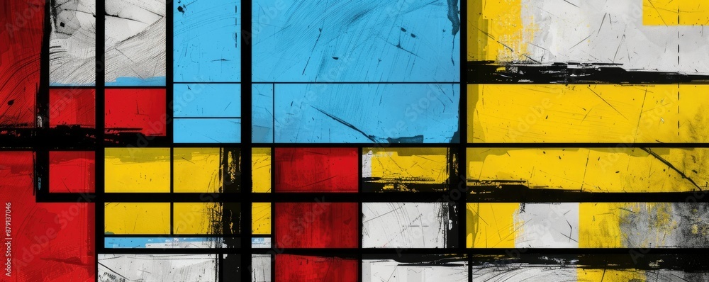 Poster abstract art features geometric patterns, vibrant colors, and dynamic compositions with circles, lin