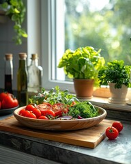 A wooden bowl filled with tomatoes, lettuce