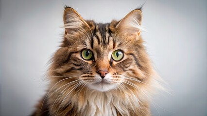 Close up of a fluffy cat looking directly at the camera with a playful expression, cat, pet, feline, animal, adorable, furry