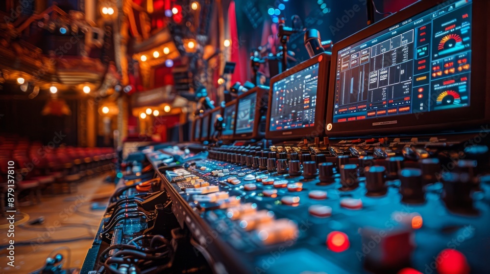 Poster a close-up shot of a large audio mixing console with multiple monitors displaying various audio data