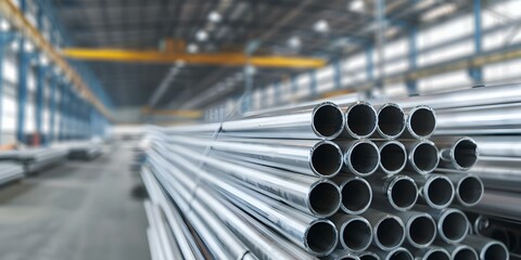 Efficient warehouse layout with neatly arranged metal pipes forming a harmonious display. Concept Warehouse Layout, Metal Pipes, Neat Arrangement, Harmonious Display.