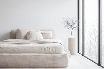 Minimalist bedroom interiors with minimal furniture, a contemporary bed and a large window filling the room with lighting. Interiors design composition for Real Estate luxury advertising.