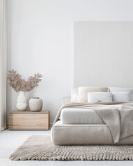 Minimalist bedroom interiors with minimal furniture, a contemporary bed and a large window filling the room with lighting. Interiors design composition for Real Estate luxury advertising.