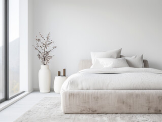Minimalist bedroom interiors with minimal furniture, a contemporary bed and a large window filling the room with lighting. Interiors design composition for Real Estate luxury advertising.