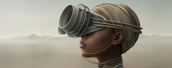A futuristic portrait of a person wearing goggles in a barren landscape.