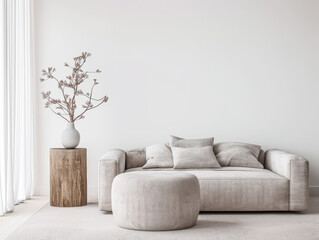 Minimalist bedroom interiors with minimal furniture, a contemporary bed and a large window filling the room with lighting. Interiors design composition for Real Estate luxury advertising.