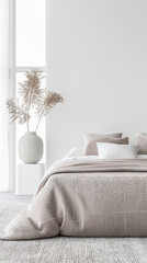 Minimalist bedroom interiors with minimal furniture, a contemporary bed and a large window filling the room with lighting. Interiors design composition for Real Estate luxury advertising.