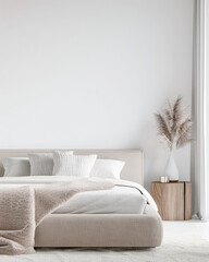 Minimalist bedroom interiors with minimal furniture, a contemporary bed and a large window filling the room with lighting. Interiors design composition for Real Estate luxury advertising.