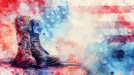 Veterans Day graphic material Patriotic American Flag and Military Memorabilia, American flag watercolor, Military boots silhouette, Soldier tribute