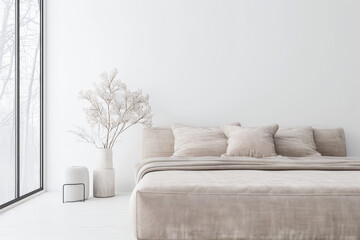 Minimalist bedroom interiors with minimal furniture, a contemporary bed and a large window filling the room with lighting. Interiors design composition for Real Estate luxury advertising.
