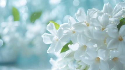 Close-up of jasmine flowers, soft-focus indoor garden backdrop, soft shadows, evoke tranquility, soothing and delicate composition.