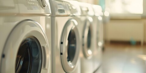 Laundry Room in a Shared Apartment Building Captured in Wide-Angle View. Concept Apartment Laundry Room, Shared Spaces, Wide-Angle Photography