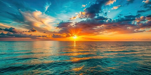Beautiful sunset over the ocean with a serene teal and orange color palette , serene, sunset, ocean, beauty, nature, horizon