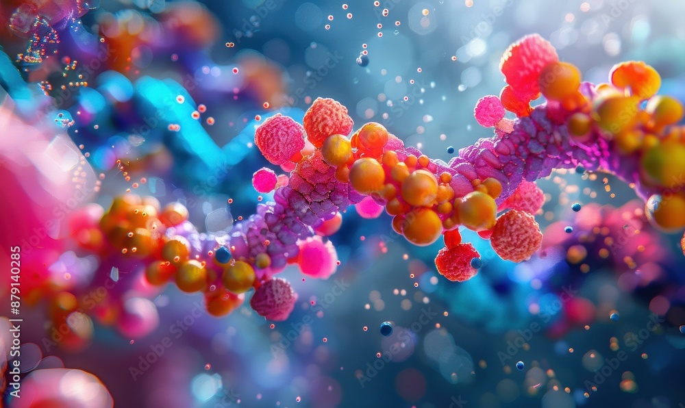 Poster abstract 3d rendering of a colorful dna strand. ai.