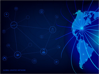 Global logistics network in dark blue. Map global logistics partnership connection.  Globe  with logistics icons in neon style. Global logistics concept for your design. EPS10.