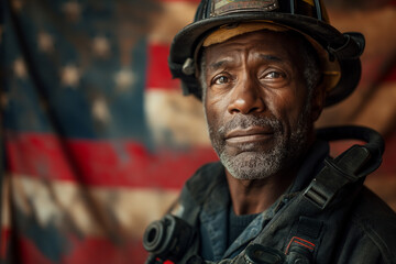 Fototapeta premium A seasoned firefighter with a thoughtful expression, wearing his helmet and gear, stands in front of an American flag backdrop, symbolizing honor and dedication on Labor Day.