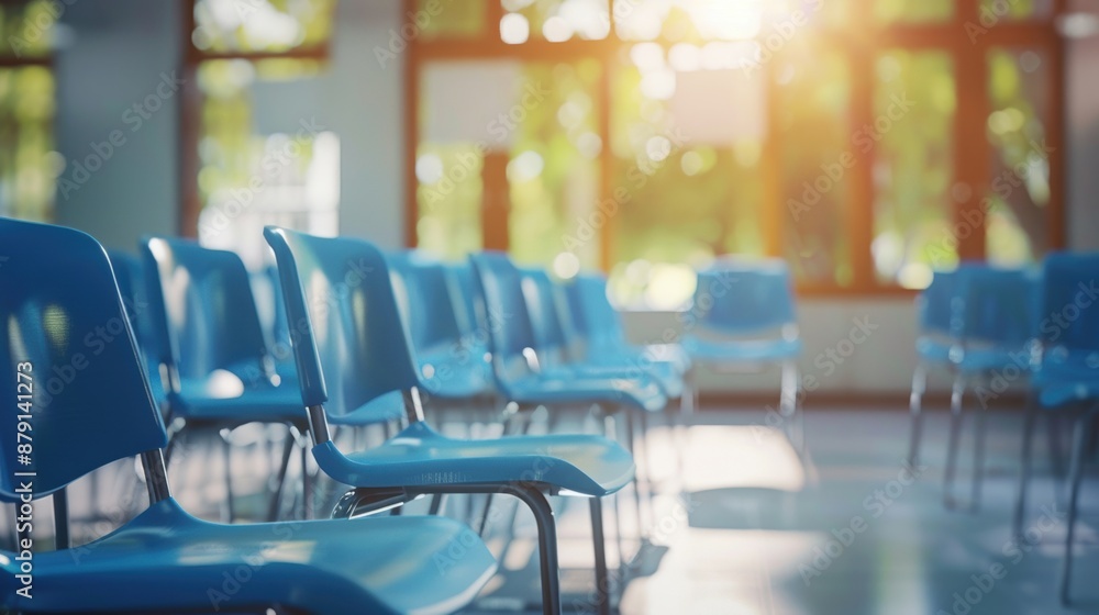 Poster sunlight streaming through windows illuminates rows of empty blue chairs in a bright classroom setti